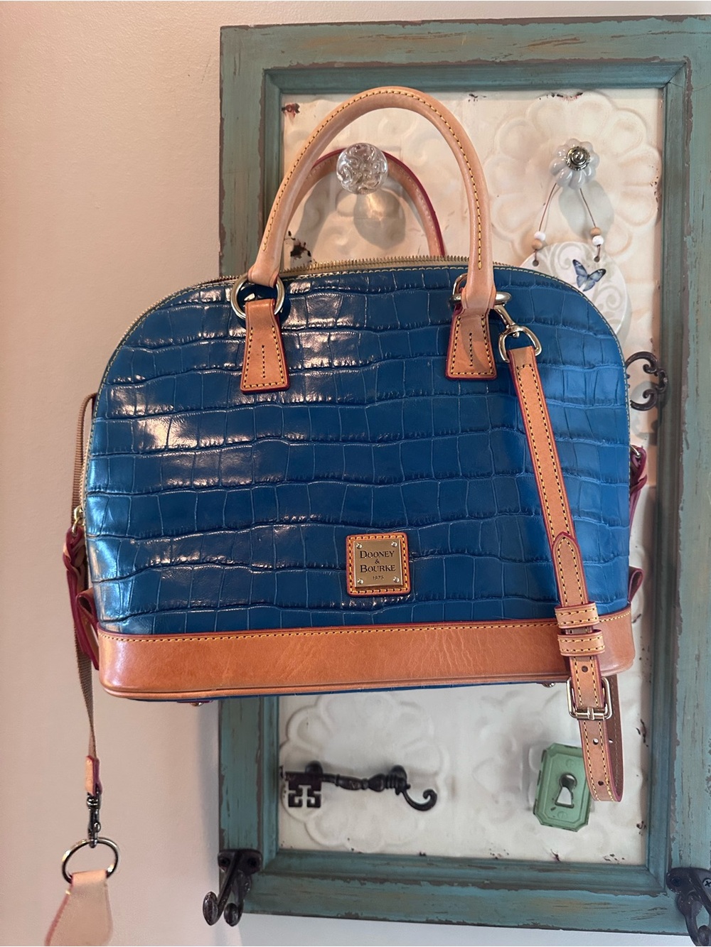 Dooney & Bourke Marine Blue Croco Leather Satchel Wallet Set